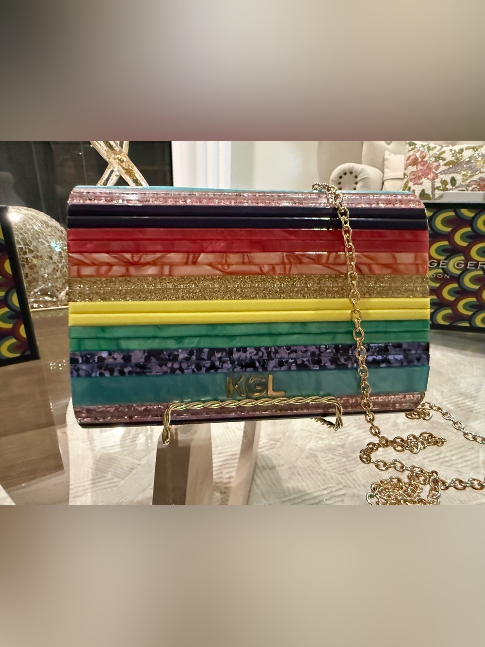 Kurt Geiger Multicolor Striped Acrylic Crossbody Bag with Gold Chain